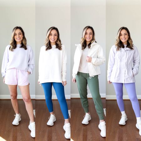Five comfortable casual outfits! 

From left 
Outfit 1: 
Aerie sweatshirt: xxs
Aerie shorts: xxs 
On cloud sneakers: tts 

Outfit 2: 
Athleta coasterlux sweatshirt: xxs 
Athleta interval tights: petite xs 
On cloud sneakers: tts 

Outfit 3: 
North face jacket: xs 
Athleta sweatshirt: xxs 
Athleta mid rise joggers: petite xxs 
On cloud sneakers: tts 

Outfit 4: 
LL Bean jacket: petite xs 
Aerie sweatshirt: xxs 
Aerie leggings: xs short 
On cloud sneakers: tts 
Hue socks 

Not pictured: 
Aerie coral sweatshirt: xxs 
Aerie coral shorts: xxs 

My measurements for reference: 4’10” 105lbs bust, waist, hips 32”, 24”, 35” size 5 shoe 

#LTKSpringSale #LTKtravel #LTKSeasonal