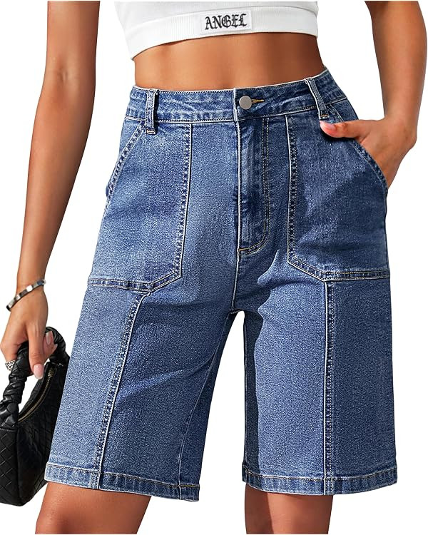 Eddoyee Bermuda Shorts for Women Jean Shorts High Waisted Jorts Baggy Stretchy Denim Long Knee Le... | Amazon (CA)