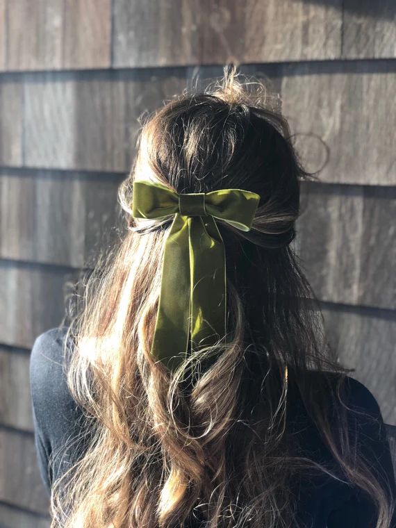 Large 'Juniper Green' Velvet Hair Bow Barrette, Dark Green Hair Bow | Etsy (US)