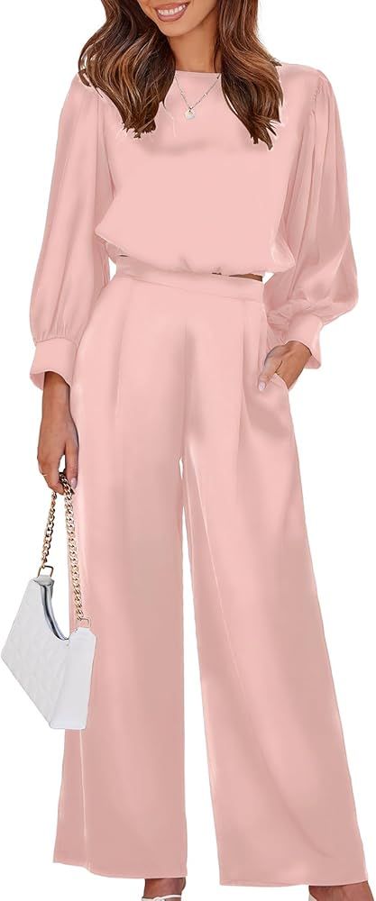 Ekouaer Women's Silk Satin Pajama Set Long Sleeve Crop Top Wide Leg Pant 2 Piece Loungewear with ... | Amazon (US)