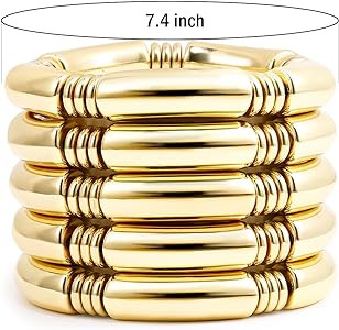 Gold Chunky Bangles Bracelets For Women 14k Gold Plated Stack Layered Curved Bamboo Tube Stretch ... | Amazon (US)