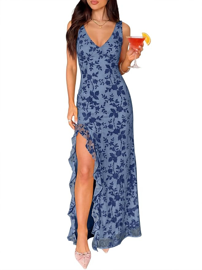 ANRABESS Womens Sexy V Neck Sleeveless Wedding Guest Dresses Spring Mesh Bodycon High Slit Ruffle... | Amazon (US)