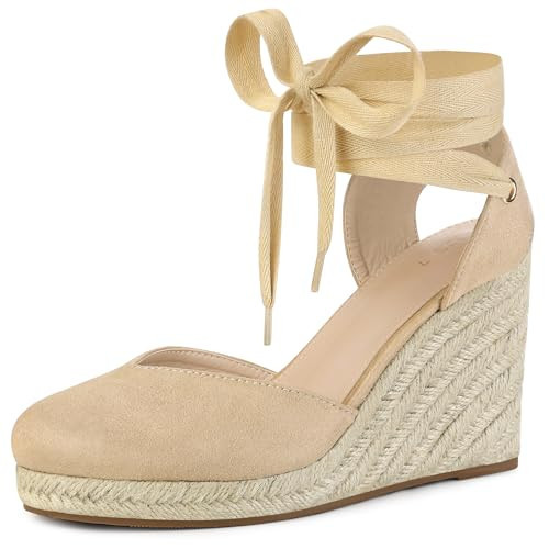 Allegra K Women's Espadrille Platform Wedge Heel Lace Up Beige Sandals 6 M US | Amazon (US)