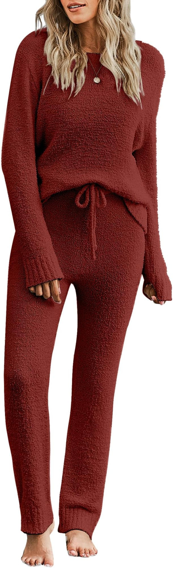 luvamia Women's Casual Pajama Set Fuzzy Fleece Knitted Long Sleeve Pj Loungewear | Amazon (US)