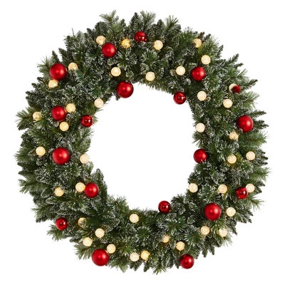 Nearly Natural 48" Pre-lit LED Decorated Frosted Pine Artificial Christmas Wreath Green with Warm White Lights | Target