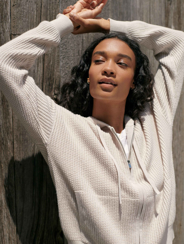 Cotton Silk Waffle Zip Hoodie | White and Warren