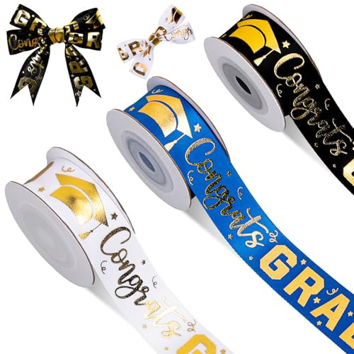 JarThenaAMCS 3 Rolls 2026 Graduation Ribbon Congrats Grad Gold Satin Ribbon Blue White Black Fabric Craft Ribbons for Class Bouquet Gift Wrap Party Decor, 7/8", 15 Yards | Amazon (US)