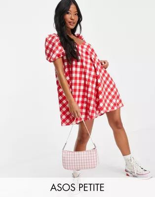 ASOS DESIGN Petite textured puff sleeve mini dress in red gingham print | ASOS (Global)