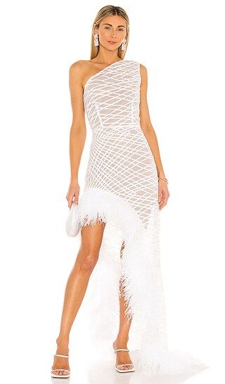 Lola Blanc Sheer Feather Gown in White | Revolve Clothing (Global)