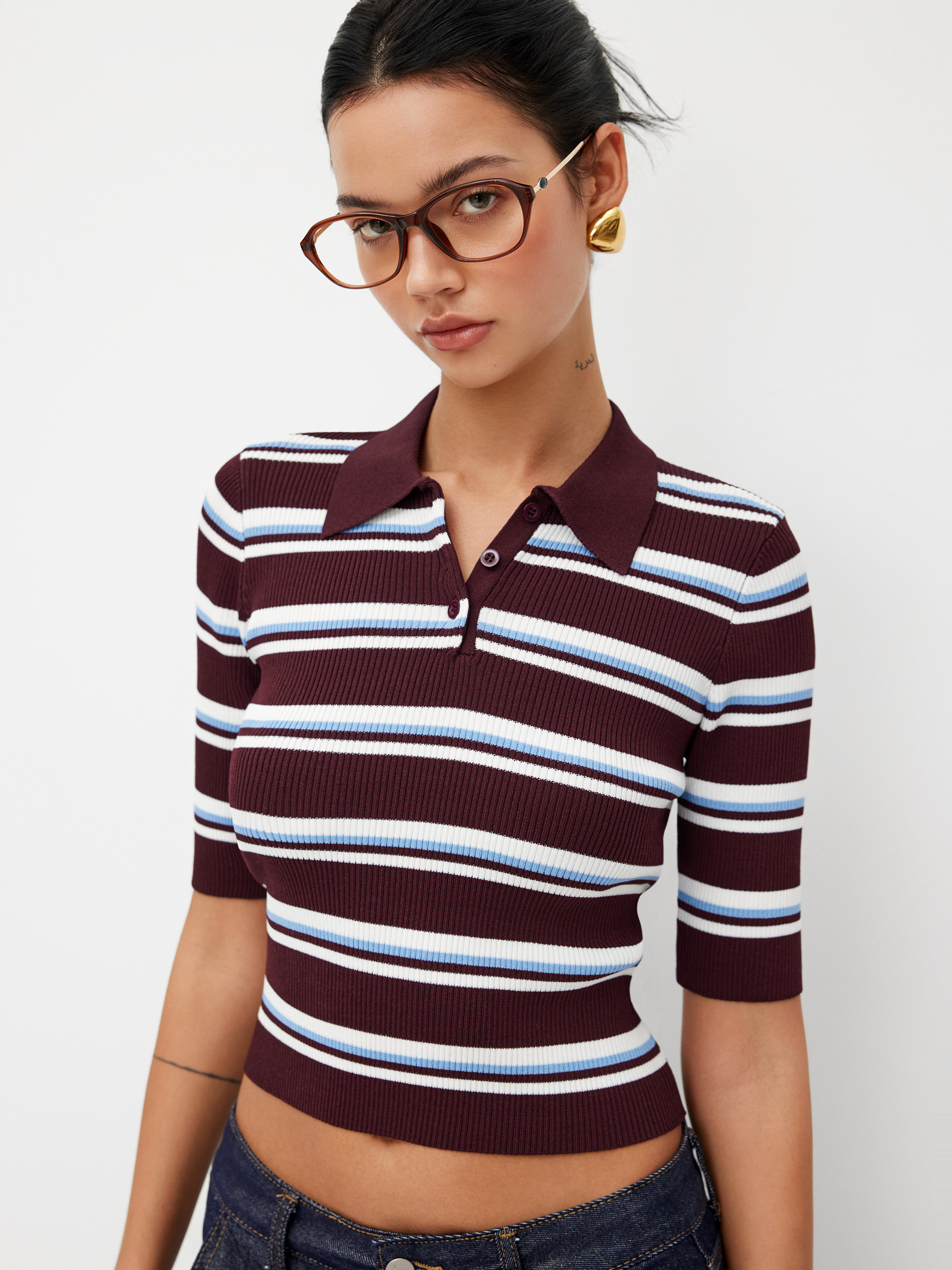 Knit Fabric Knit Collar Stripe Button Mid-length Sleeve Top For Daily Casual | Cider