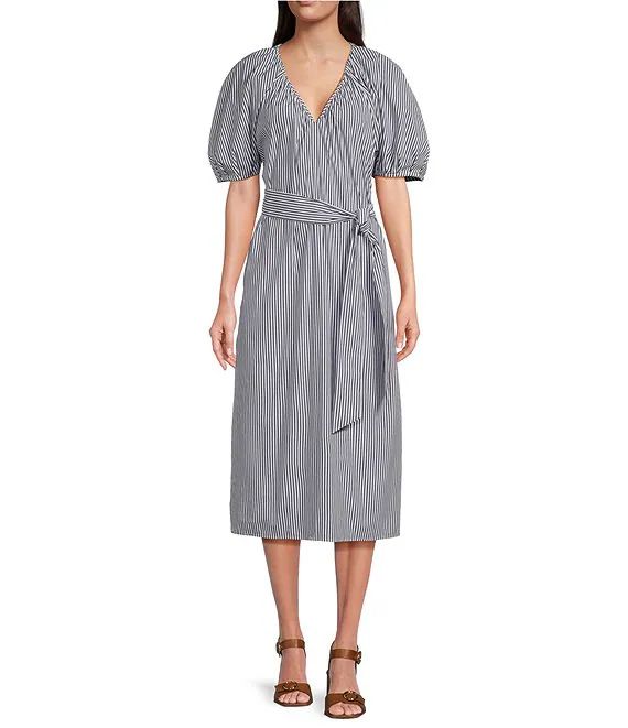 x Brrr° Everly Pin-Stripe V-Neck Puff Sleeve Midi Dress | Dillard's