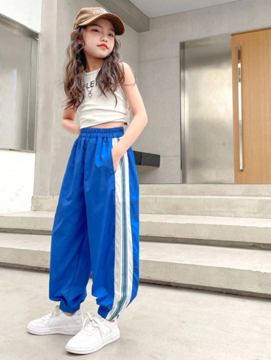 Tween Girls' Colorblock Striped Jogger Pants, Summer Casual | SHEIN