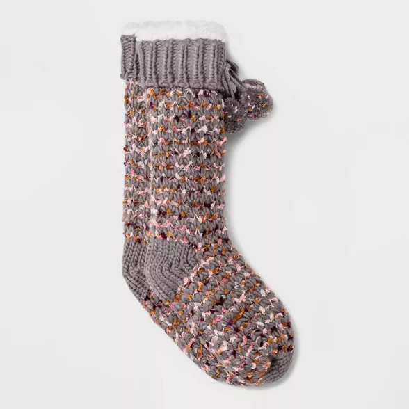 Women's Sweater Knit Sherpa Lined Slipper Socks with Poms & Grippers - 4-10 | Target