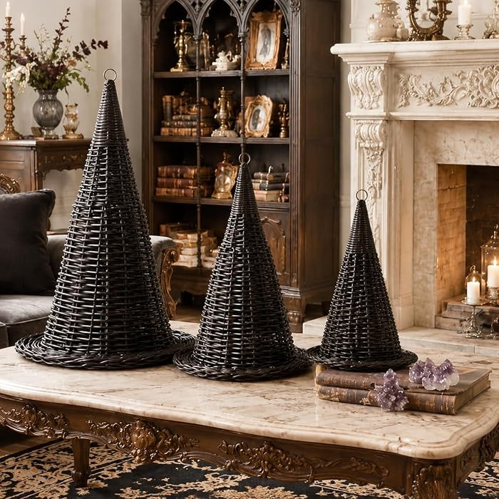 Patelai 3 Pcs Halloween Decoration Rattan Witch Hat Decor, Black Wicker Wizard Hats Centerpiece, Woven Witch Hat for Indoor Outdoor, Halloween Party Favors, Home Tabletop Garden Patio Backyard Decor | Amazon (US)