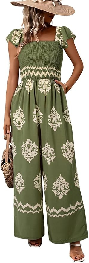 Happy Sailed Womens Holiday Jumpsuits Overalls Retro Print Cap Sleeve High Waist Wide Leg Romper ... | Amazon (US)