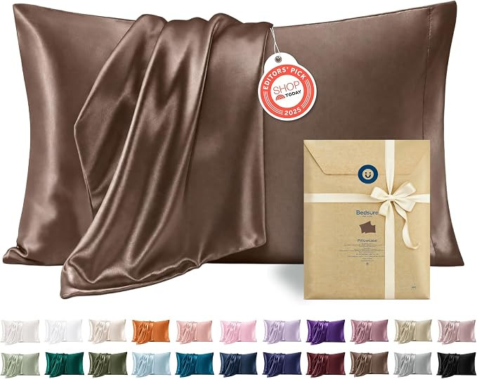Bedsure Satin Pillowcases Queen Set of 2, Similar to Silk Pillow Case Brown | Reduces Hair Frizz ... | Amazon (US)