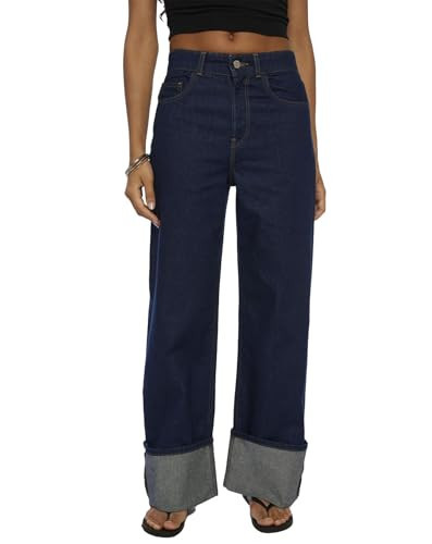 Wide Leg Jeans Woman Cuffed Mid Rise Straight Leg Jeans Loose Boyfriend Baggy Denim Pants with Pockets Deep Blue | Amazon (US)