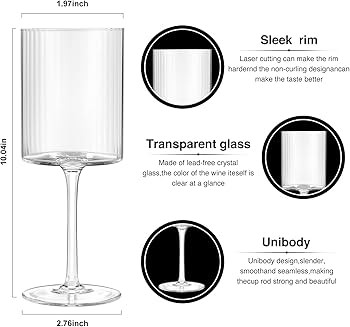 Large Ribbed Square Wine Glasses Set of 4 Crystal,17oz Clear Cylinder Fluted Glassware Flat Botto... | Amazon (US)