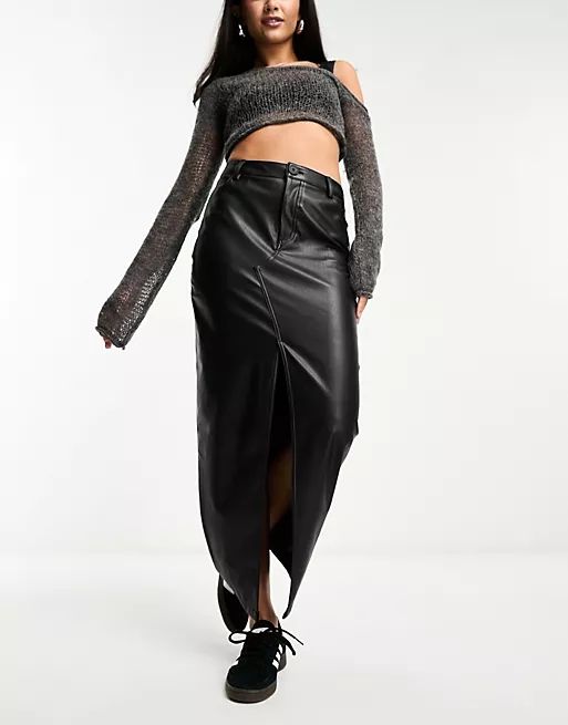 ASOS DESIGN faux leather maxi skirt with front split in black | ASOS (Global)