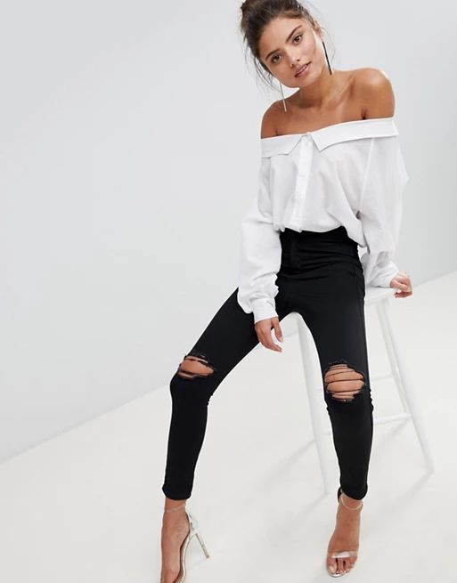 ASOS DESIGN Rivington high waisted jeggings with frayed knee rip detail in clean black | ASOS US