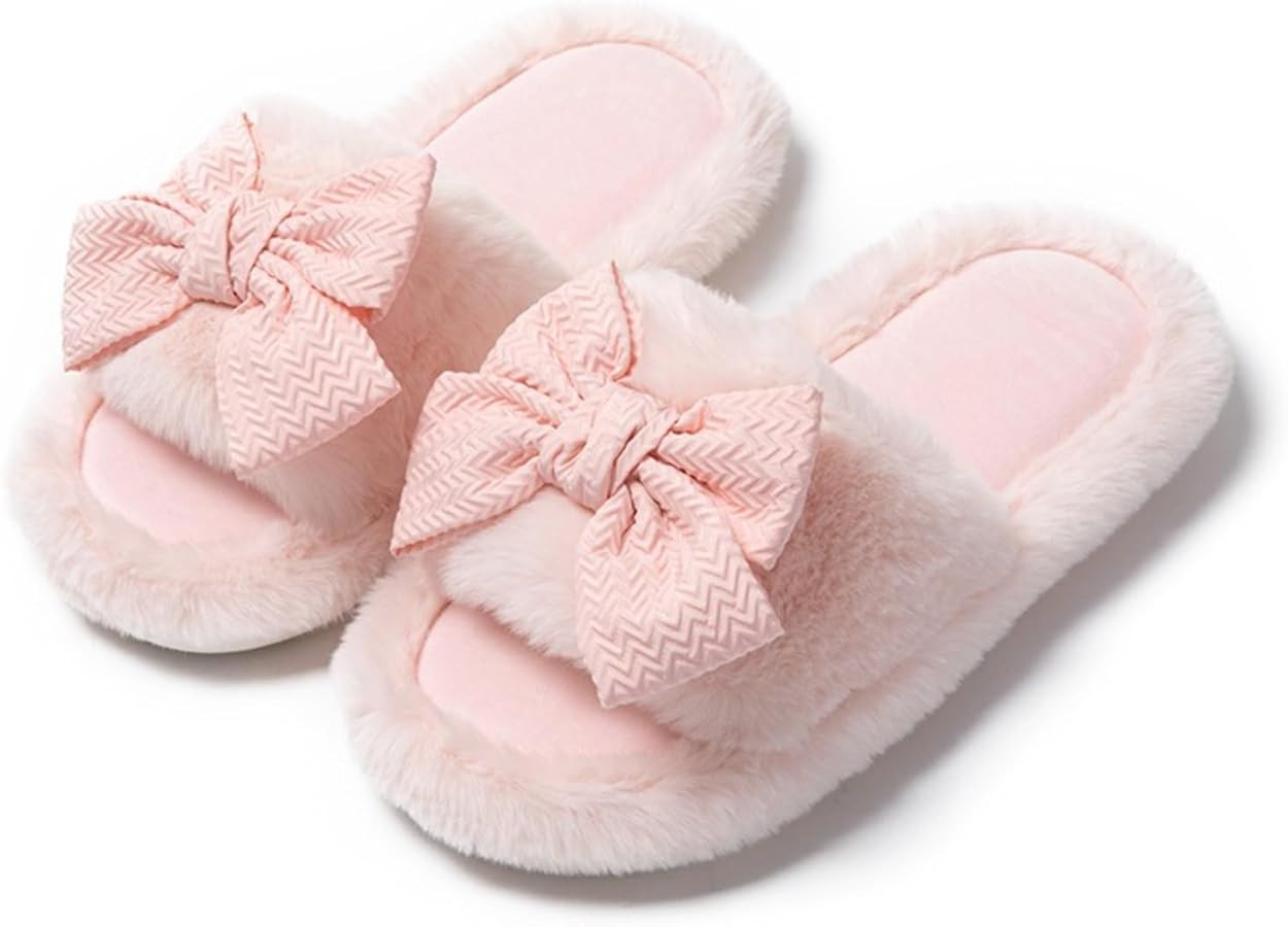 Cute Bow House Women's Slippers - Open Toe Warm Plush Fluffly Non-Slip Sole Indoor | Amazon (US)