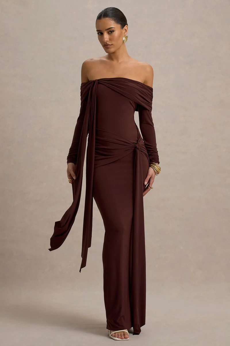 Jovie  Brown Bardot Wrap Maxi Dress With Sash Detail | Club L London