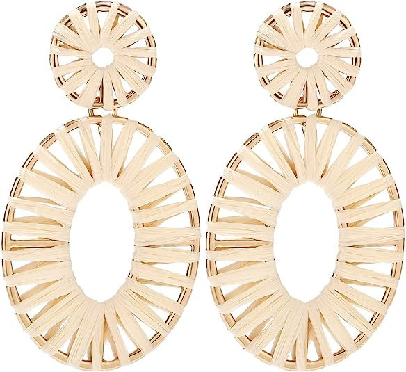 BaubleStar Raffia Tassel Hoop Drop Earrings Handmade Fashion Statement Jewelry for Women Girls | Amazon (US)