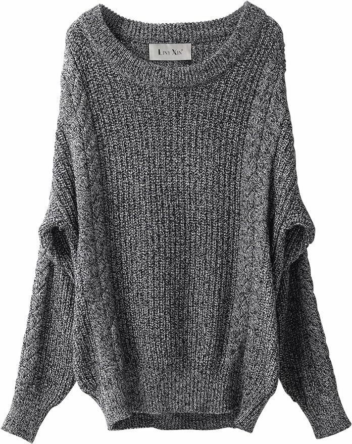 LINY XIN Women's 2023 Oversized Fall Winter Warm Crewneck Long Sleeve Knit Cable Long Pullover Me... | Amazon (US)