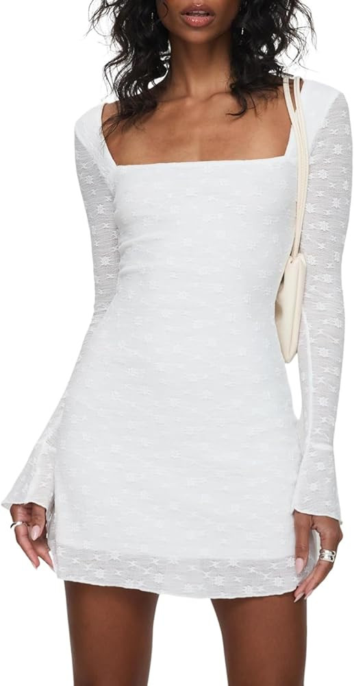 ZAFUL Long Sleeve Mini Dresses for Women 2025 Fall Square Neck Textured Lined Slim Fitted Wedding... | Amazon (US)