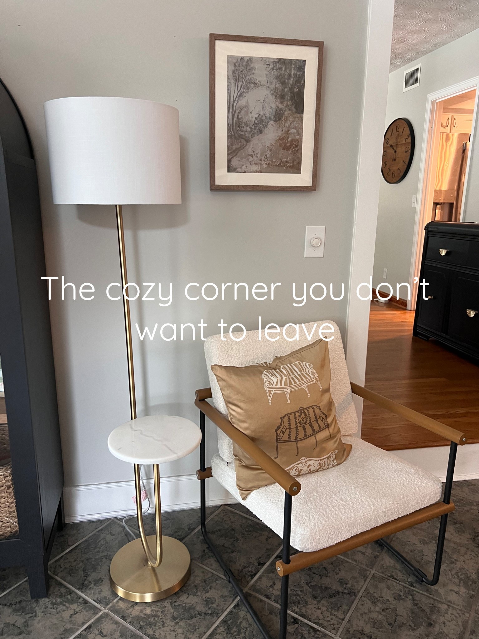 Got an awkward space? A chair, lamp, and some wall art are the perfect fix. We love this space that sits directly across from our wood brunon fireplace. 

#LTKHome