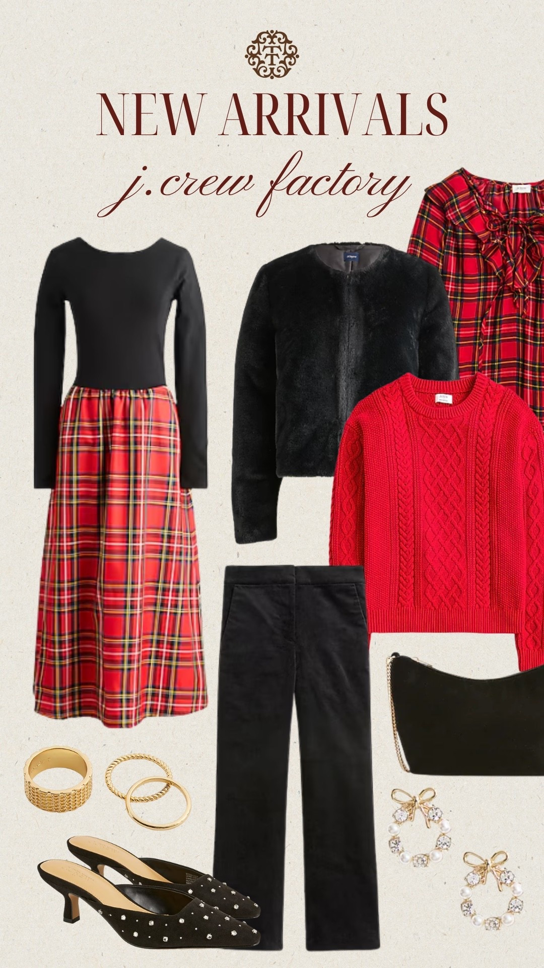 J.Crew Factory new arrivals that were loving! Bright red knit sweaters, tartan plaid, and velvet black details that are perfect for this holiday season! We especially love the faux fur jacket and sparkly heels! 

#LTKHoliday #LTKOver40 #LTKSeasonal