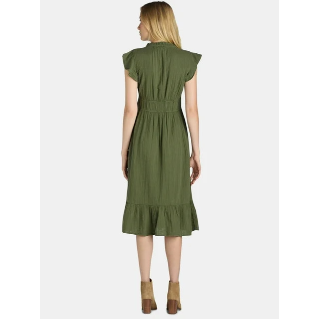 Time and Tru Women's and Women's Plus Double Cloth Midi Dress, Sizes XS-4X - Walmart.com | Walmart (US)
