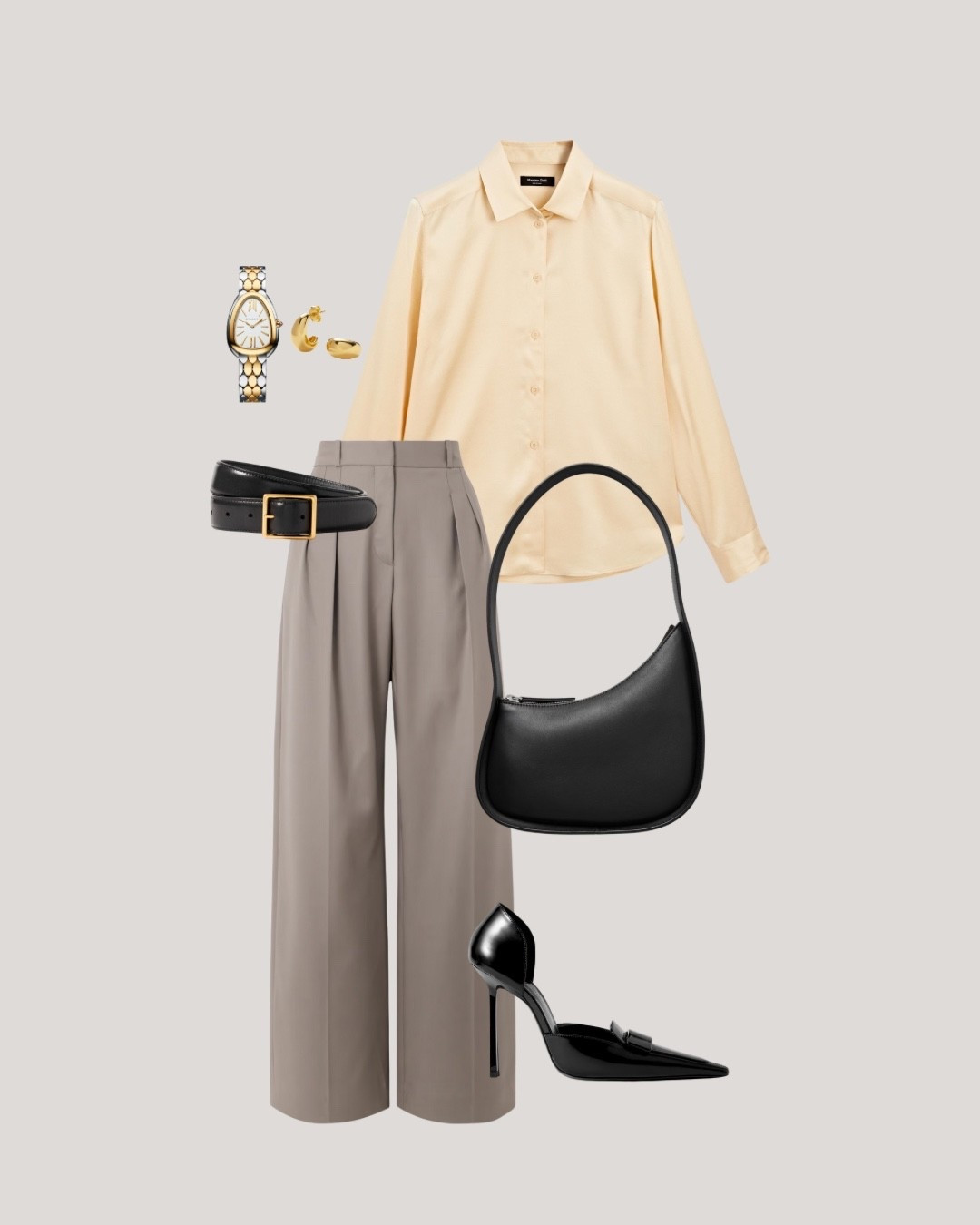 Effortless business casual—perfect from desk to dinner. A flowy butter-yellow Massimo Dutti shirt tucked into tailored trousers, finished with pointed heels, a sleek bag, and gold accents.

#LTKStyleTip