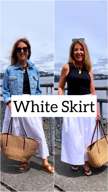 I'm waiting for the water taxi at the beach and wanted to share my ootd! 😎

Casual white skirt with pockets, black tank, denim jacket, and kitten heel flip flops. Plus, I have Birkenstocks in my straw tote. 
All items fit tts! 


#LTKOver40 #LTKSaleAlert #LTKFindsUnder100