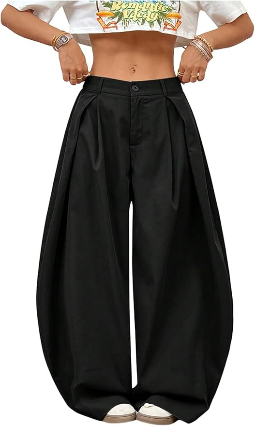 GORGLITTER Women's Baggy Dress Pant Low Rise Pleated Barrel Cargo Oversized Wide Leg Business Cas... | Amazon (US)