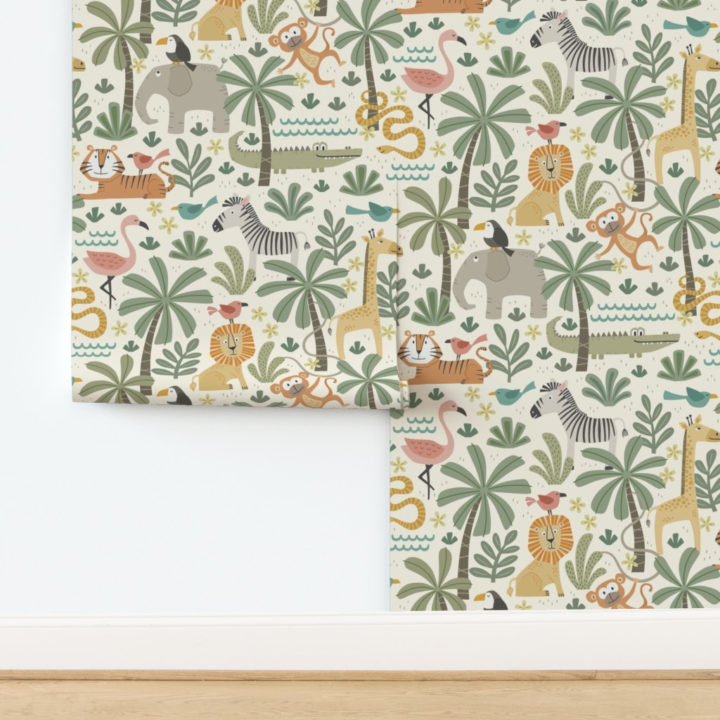 jungle friends - safari - cream background (large scale) Wallpaper | Spoonflower | Spoonflower