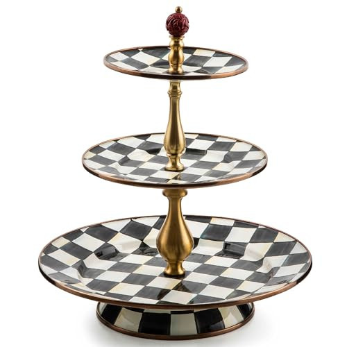 MACKENZIE-CHILDS Enamel Three-Tier Sweet Stand, Three-Tiered Serving-Tray Stand, Party Food Display, Black-and-White Courtly Check | Amazon (US)