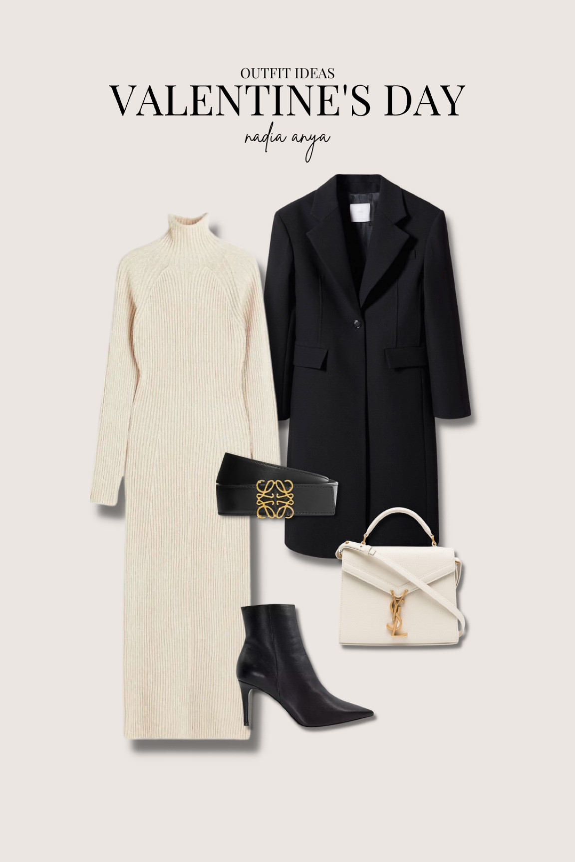 Valentine’s Day outfit ideas - dressed up black & cream look. H&M cream silk blend midi ribbed knit dress, mango black smart long coat, Loewe anagram reversible black belt, ysl cream handbag & black heeled boots.

#LTKshoecrush #LTKitbag #LTKstyletip