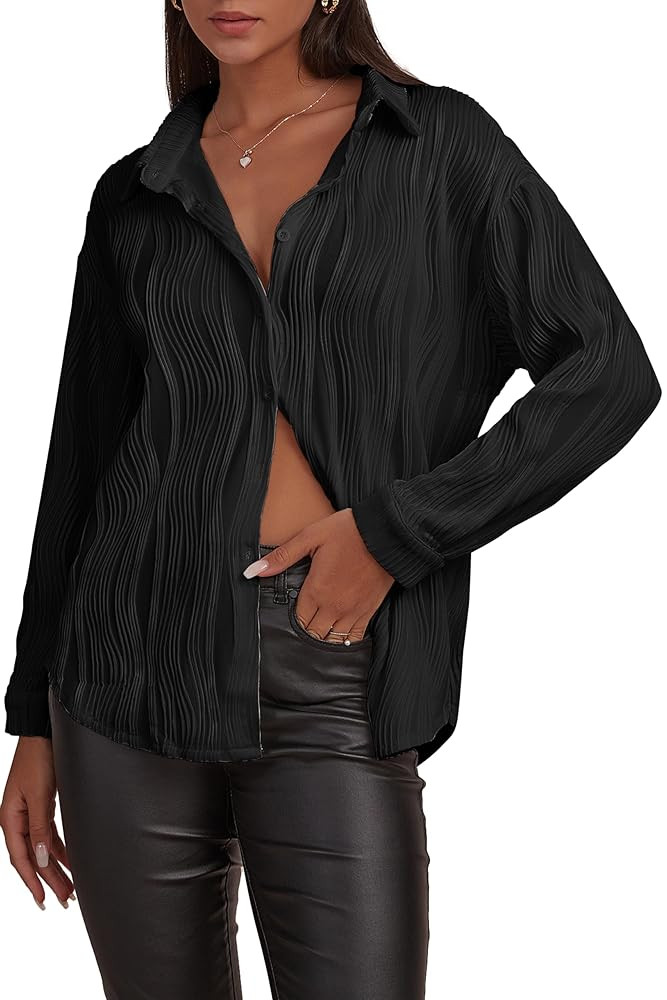 CHYRII Womens Textured Button Down Long Sleeve Shirt Casual Work Office Blouse Top | Amazon (US)