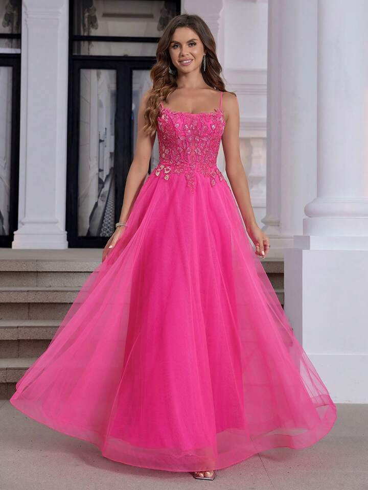 Solid Color Spaghetti Strap Cross Back Mesh Maxi Dress For Evening Party | SHEIN