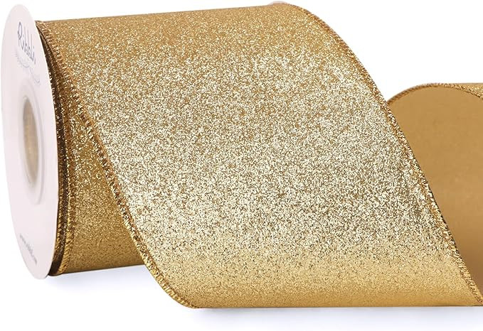 Ribbli Gold Glitter Wired Ribbon with Metallic Edge, Christmas Ribbon for Wreath, Tree Decoration... | Amazon (US)