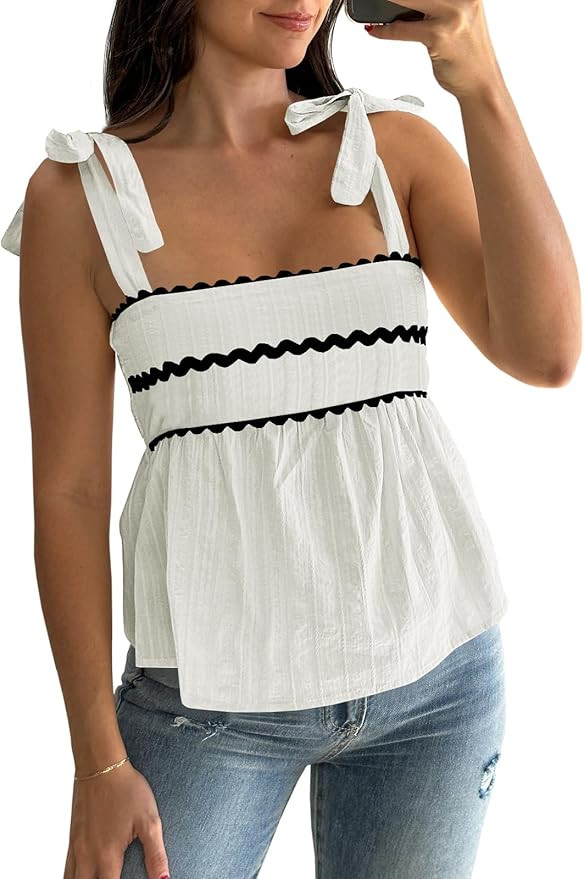 Womens Cute Tank Tops Summer Casual Peplum Babydoll Square Neck Tie Strap Backless Shirts | Amazon (US)
