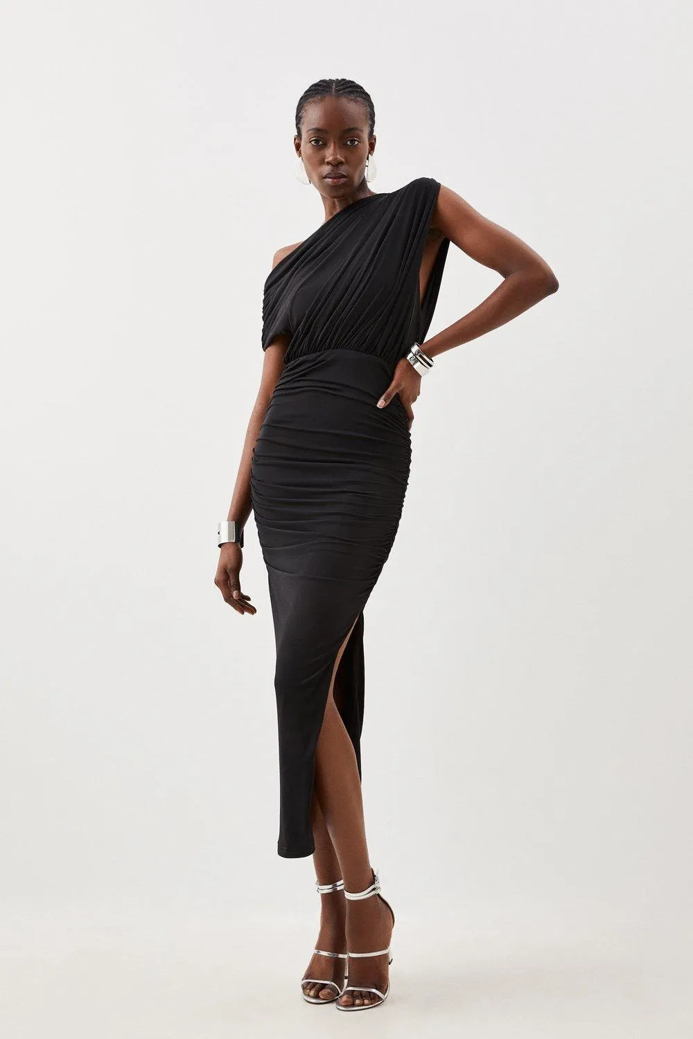 Jersey Crepe Asymmetric Neckline Maxi Dress | Karen Millen