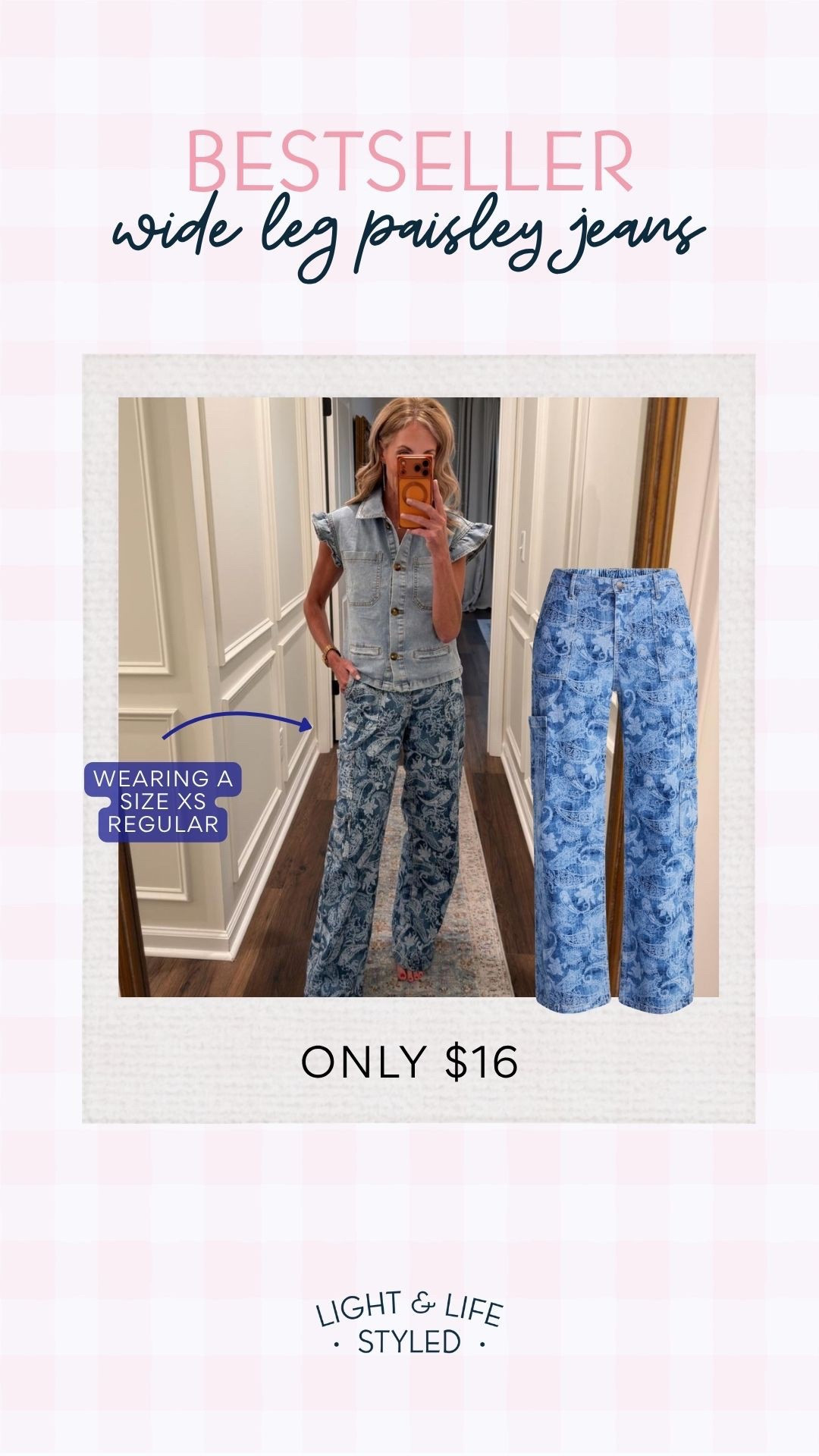 Walmart has given us the cutest blue print pants for summer and I can’t stop wearing them! They are far better quality than you could imagine they would be at only $16, and they are teacher approved! I love how they look with this adorable denim vest. 
Over 50 summer outfit inspiration, paisley print jeans, denim in denim outfit inspiration

#LTKSeasonal #LTKOver40