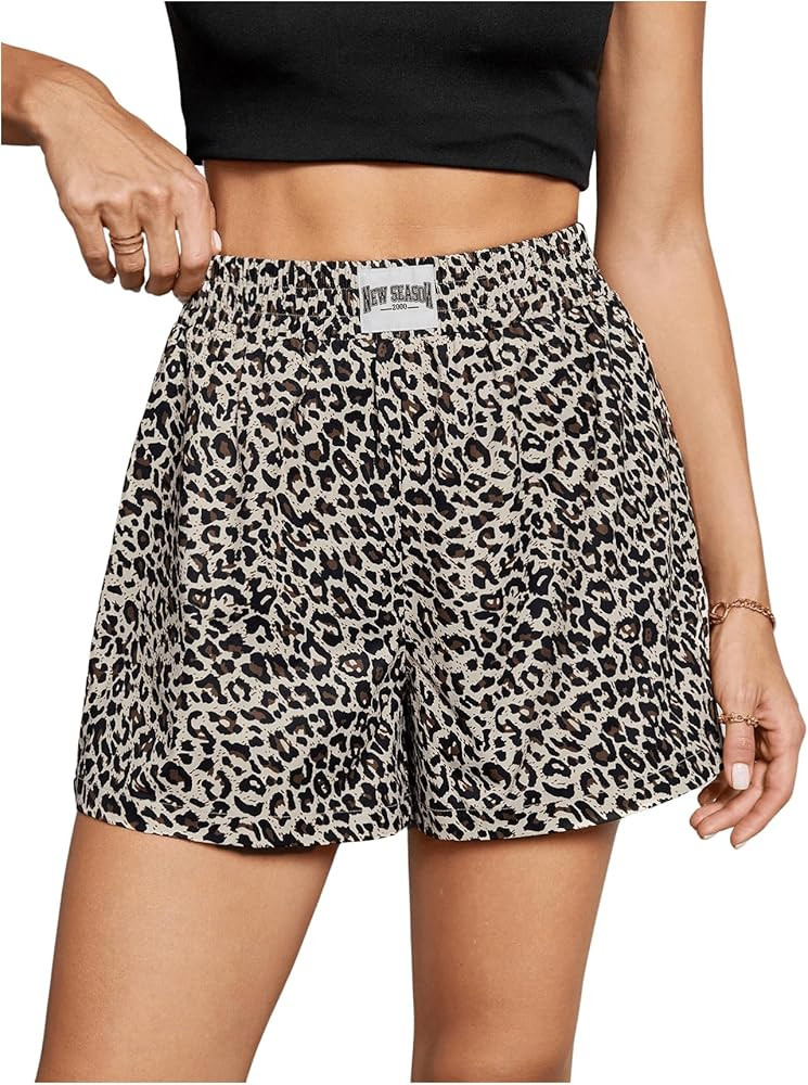 SweatyRocks Women's Leopard Print Shorts Letter Patched Wide Leg High Waisted Summer Shorts | Amazon (US)
