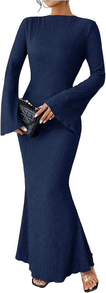 GORGLITTER Women's Bell Long Sleeve Cocktail Maxi Dress Crew Neck Bodycon Fishtail Casual Long Dr... | Amazon (US)