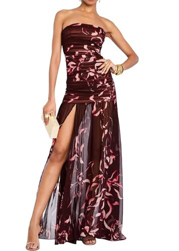 Women Tube Top Maxi Dress Fitted Strapless Mesh Patchwork Long Dress Floral Print High Slit Night Club Dresses(Wine Red,Medium) | Amazon (US)