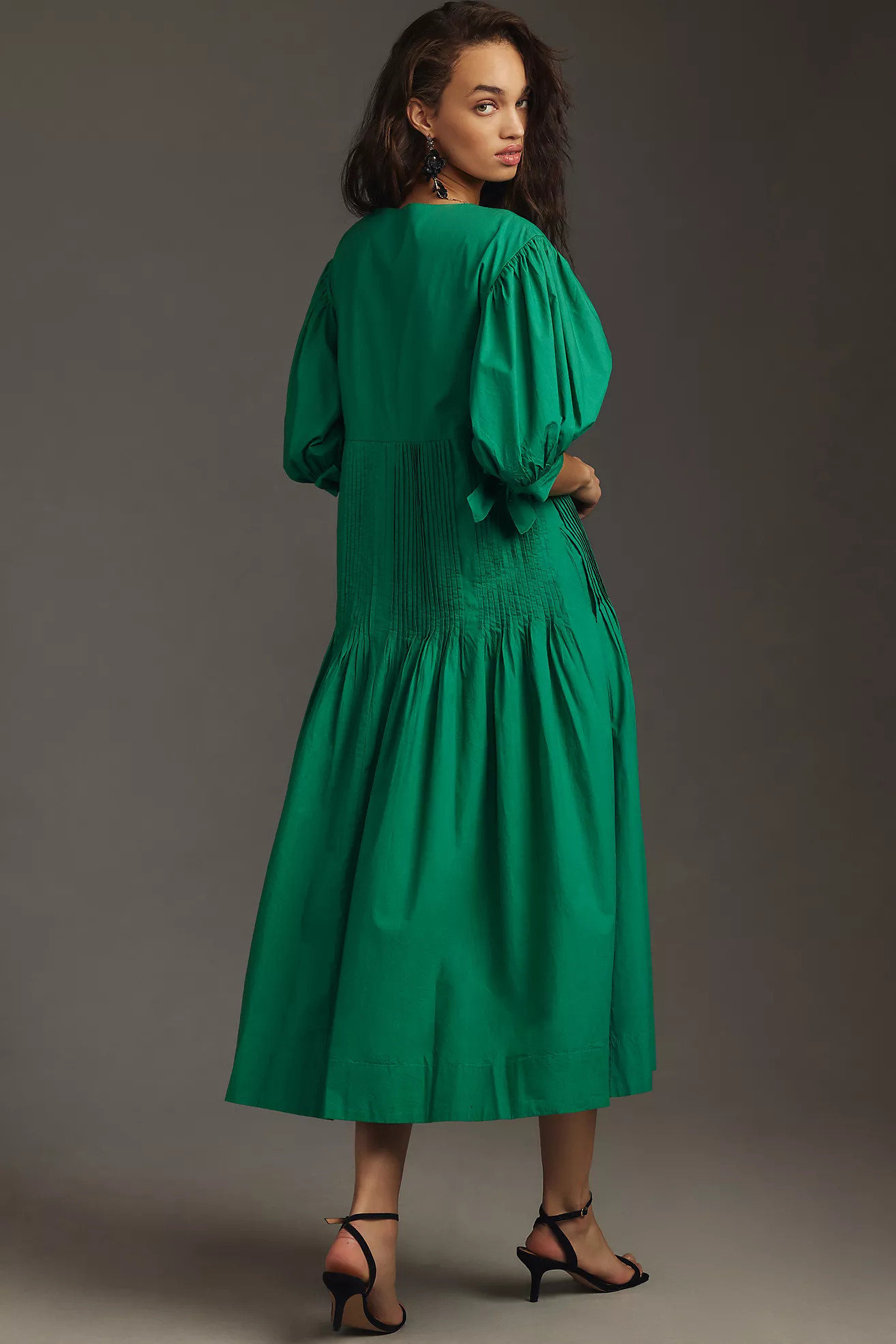 Maeve Pintuck Tie-Sleeve Midi Dress | Anthropologie (US)