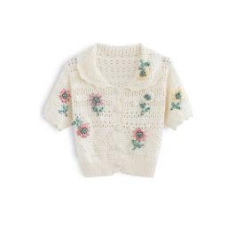 Hand-Knit Flower Eyelet Knit Cardigan in Cream | Chicwish