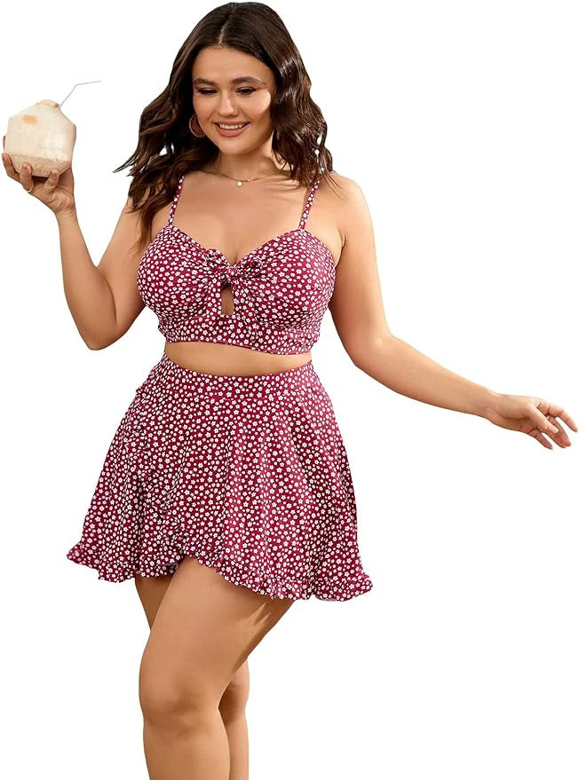 SOLY HUX Women's Plus Size Floral Print Tie Knot Front Bikini Bathing Suits with Beach Skirt 3 Pi... | Amazon (US)